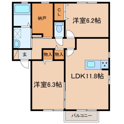 浅口市金光町占見新田「シャルマングレイス」　2LDK　賃料￥65,000